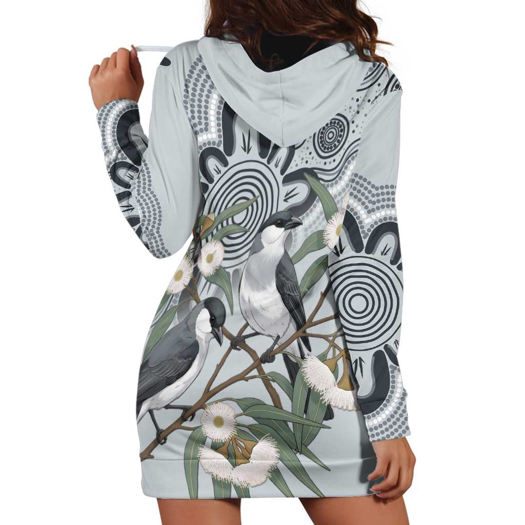Australia Grey Butcherbird Hoodie Dress Eucalyptus Alba Indigenous Art - Aussie Hoodie