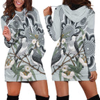 Australia Grey Butcherbird Hoodie Dress Eucalyptus Alba Indigenous Art - Aussie Hoodie