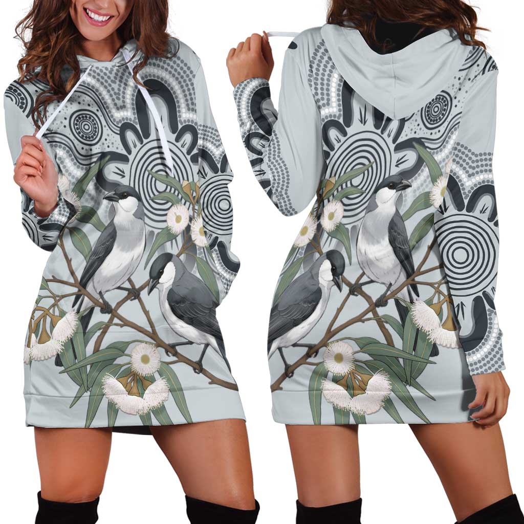Australia Grey Butcherbird Hoodie Dress Eucalyptus Alba Indigenous Art - Aussie Hoodie