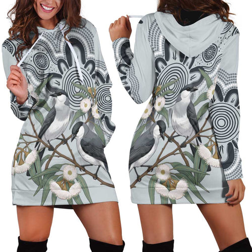 Australia Grey Butcherbird Hoodie Dress Eucalyptus Alba Indigenous Art - Aussie Hoodie