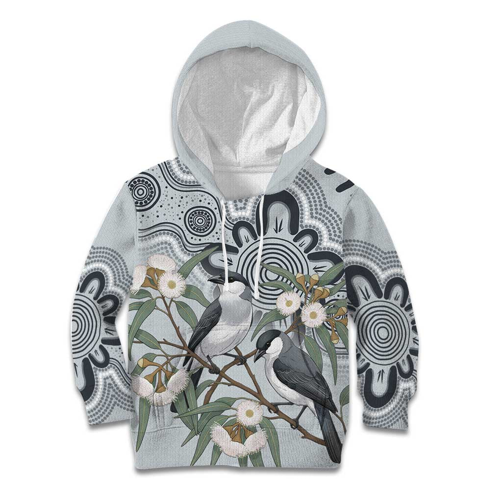 Australia Grey Butcherbird Kid Hoodie Eucalyptus Alba Indigenous Art - Aussie Hoodie