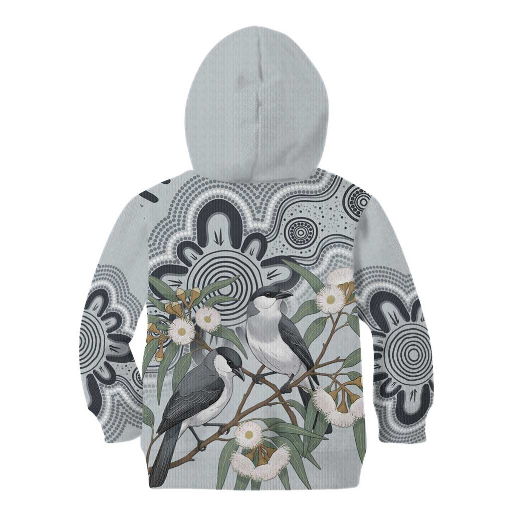 Australia Grey Butcherbird Kid Hoodie Eucalyptus Alba Indigenous Art - Aussie Hoodie
