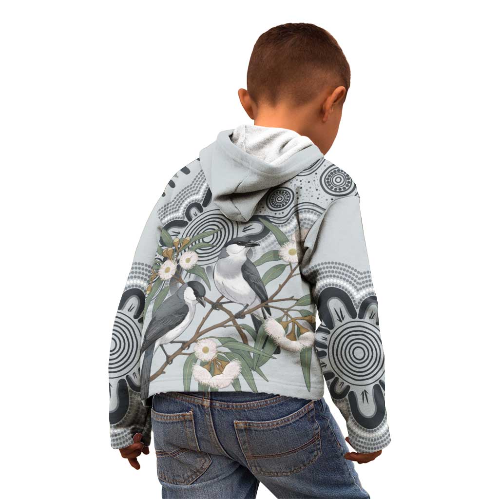 Australia Grey Butcherbird Kid Hoodie Eucalyptus Alba Indigenous Art - Aussie Hoodie