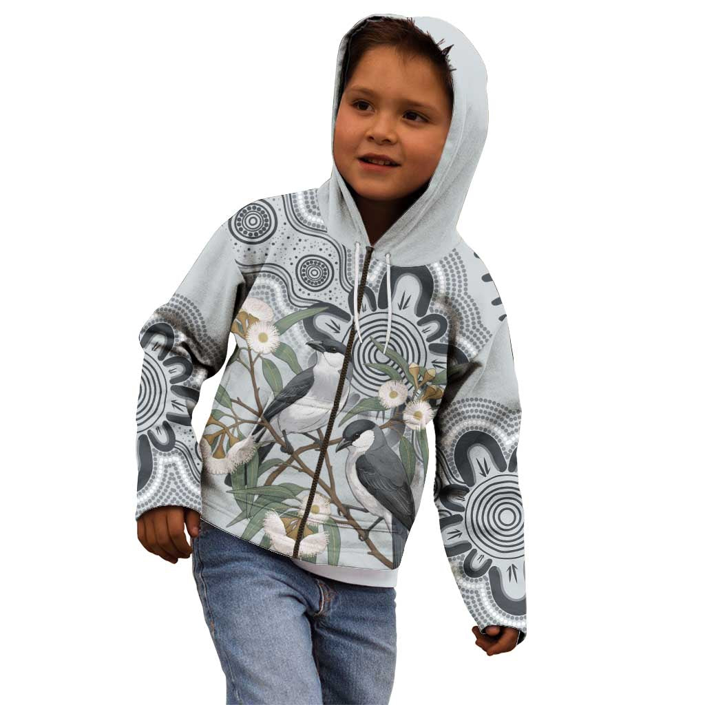 Australia Grey Butcherbird Kid Hoodie Eucalyptus Alba Indigenous Art - Aussie Hoodie