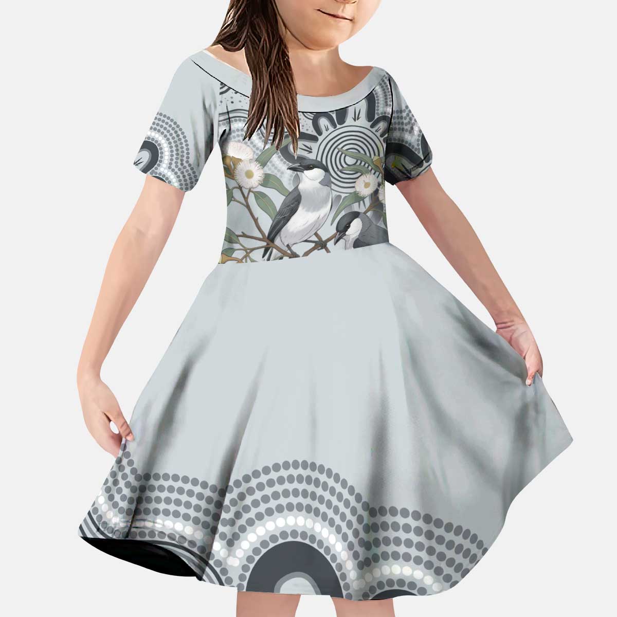 Australia Grey Butcherbird Kid Short Sleeve Dress Eucalyptus Alba Indigenous Art - Aussie Hoodie