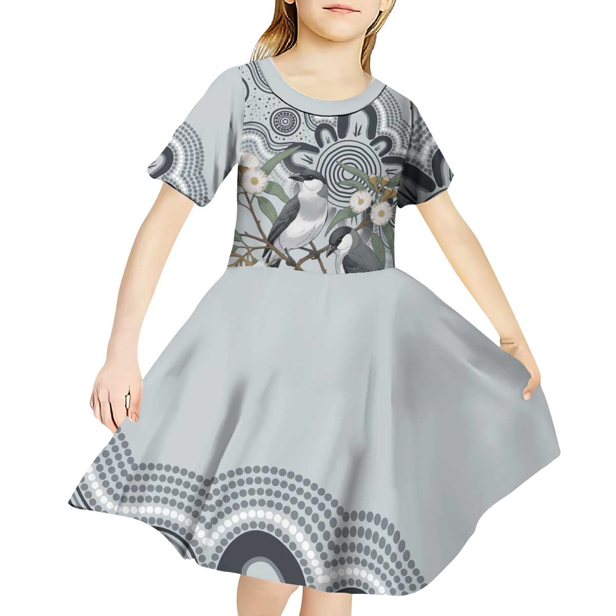 Australia Grey Butcherbird Kid Short Sleeve Dress Eucalyptus Alba Indigenous Art - Aussie Hoodie