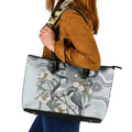 Australia Grey Butcherbird Leather Tote Bag Eucalyptus Alba Indigenous Art - Aussie Hoodie