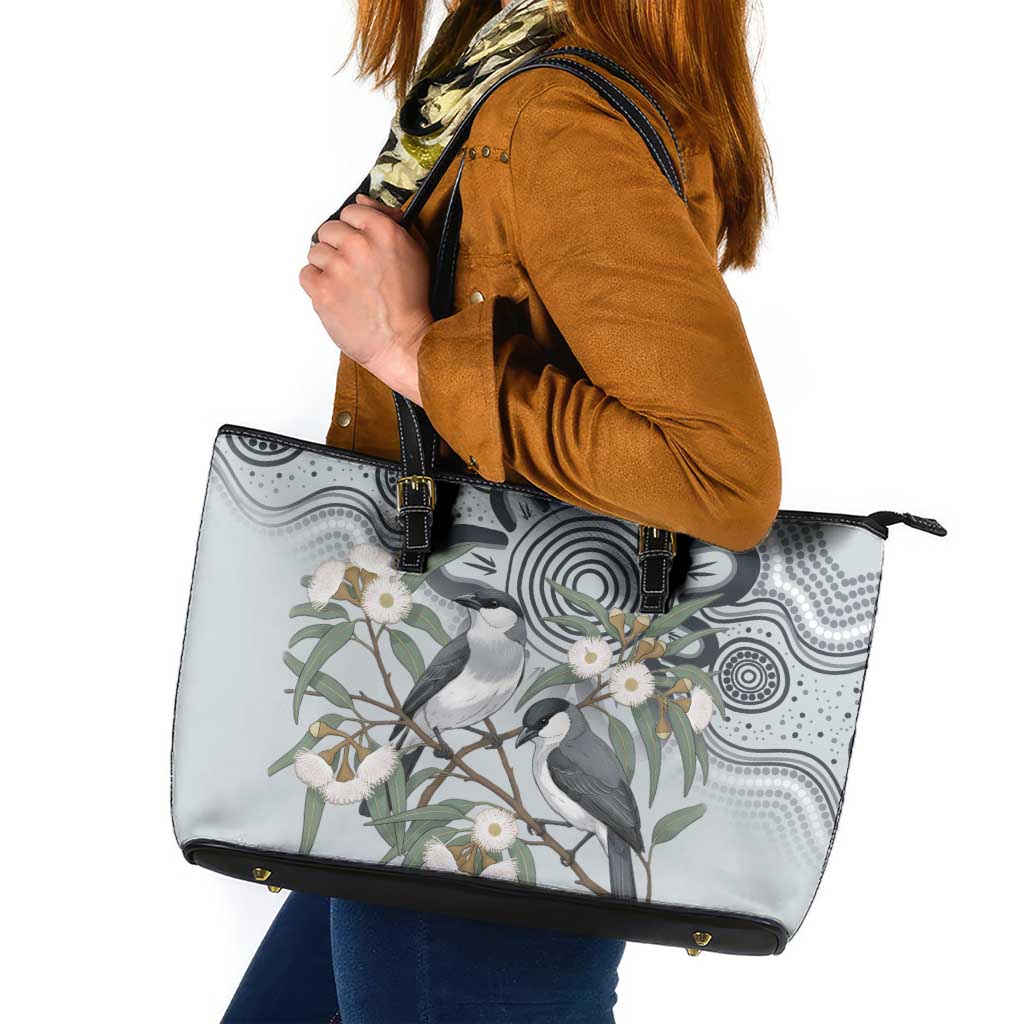 Australia Grey Butcherbird Leather Tote Bag Eucalyptus Alba Indigenous Art - Aussie Hoodie