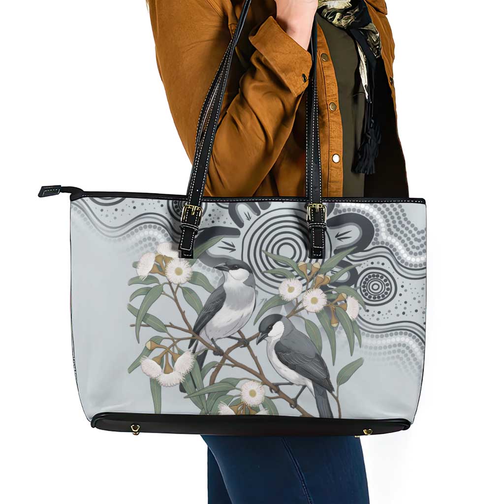 Australia Grey Butcherbird Leather Tote Bag Eucalyptus Alba Indigenous Art - Aussie Hoodie