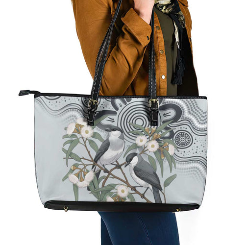 Australia Grey Butcherbird Leather Tote Bag Eucalyptus Alba Indigenous Art - Aussie Hoodie