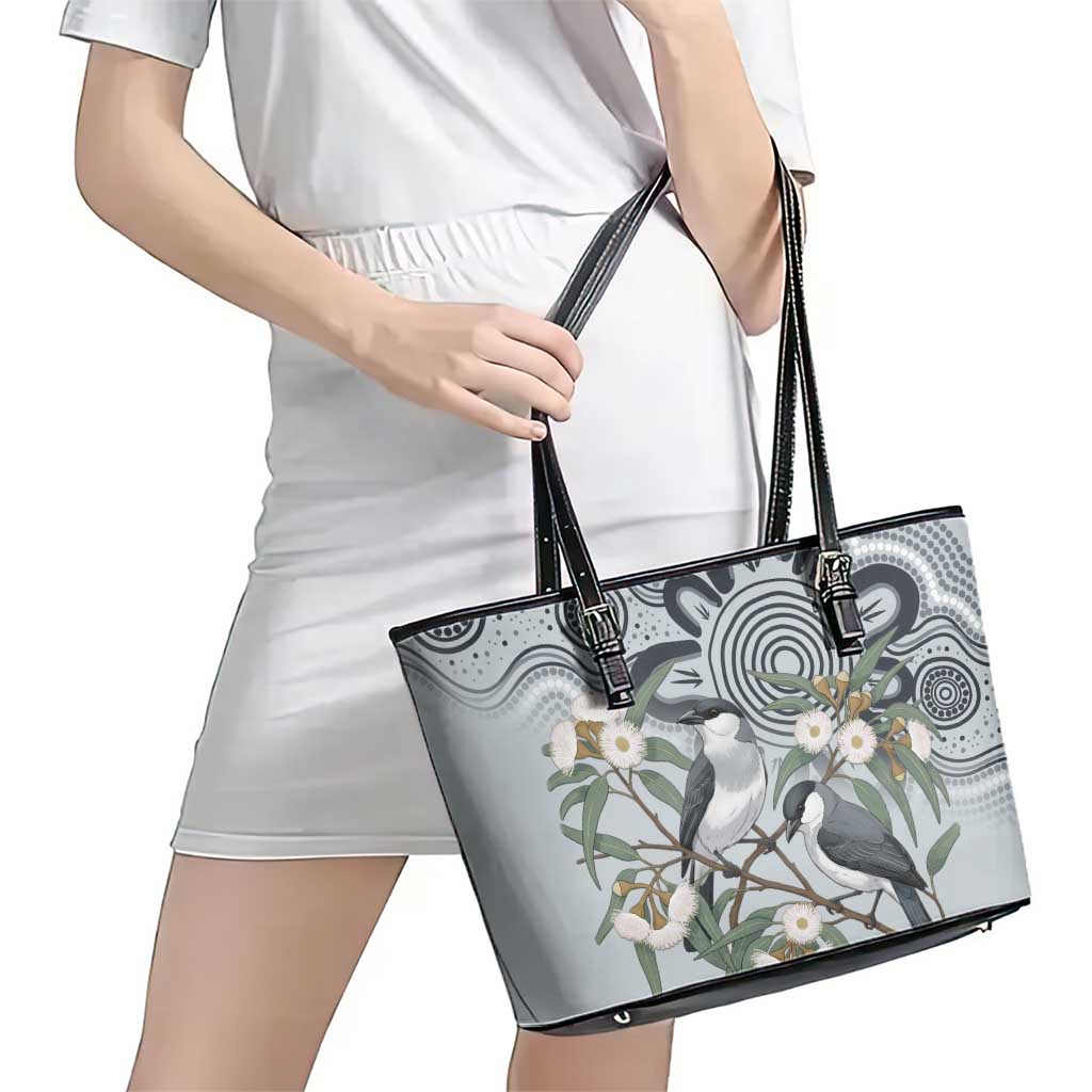 Australia Grey Butcherbird Leather Tote Bag Eucalyptus Alba Indigenous Art - Aussie Hoodie