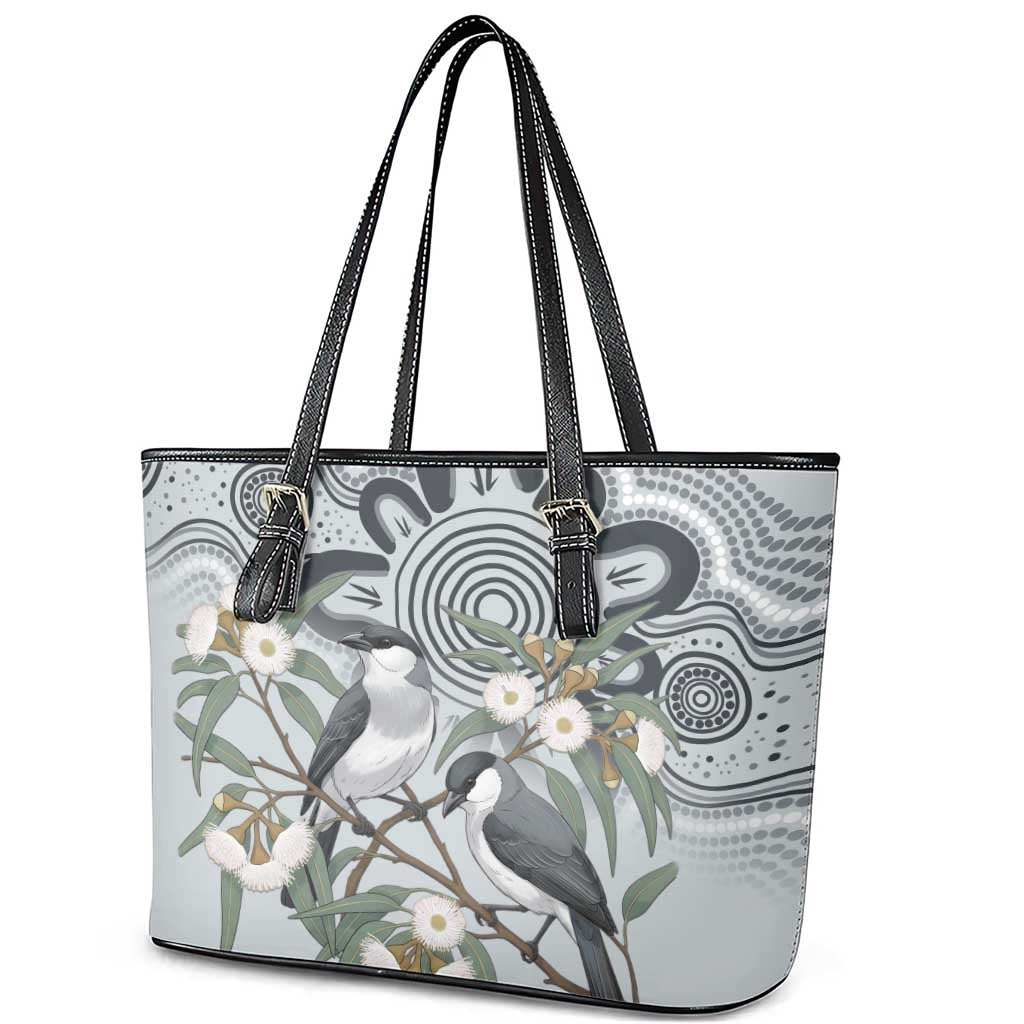Australia Grey Butcherbird Leather Tote Bag Eucalyptus Alba Indigenous Art - Aussie Hoodie