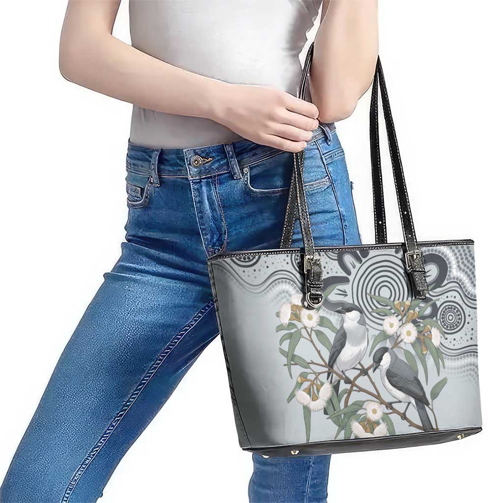 Australia Grey Butcherbird Leather Tote Bag Eucalyptus Alba Indigenous Art - Aussie Hoodie