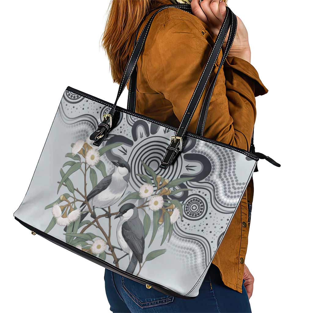Australia Grey Butcherbird Leather Tote Bag Eucalyptus Alba Indigenous Art - Aussie Hoodie