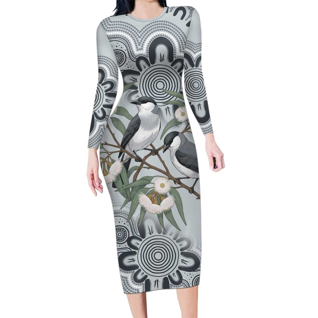 Australia Grey Butcherbird Long Sleeve Bodycon Dress Eucalyptus Alba Indigenous Art - Aussie Hoodie