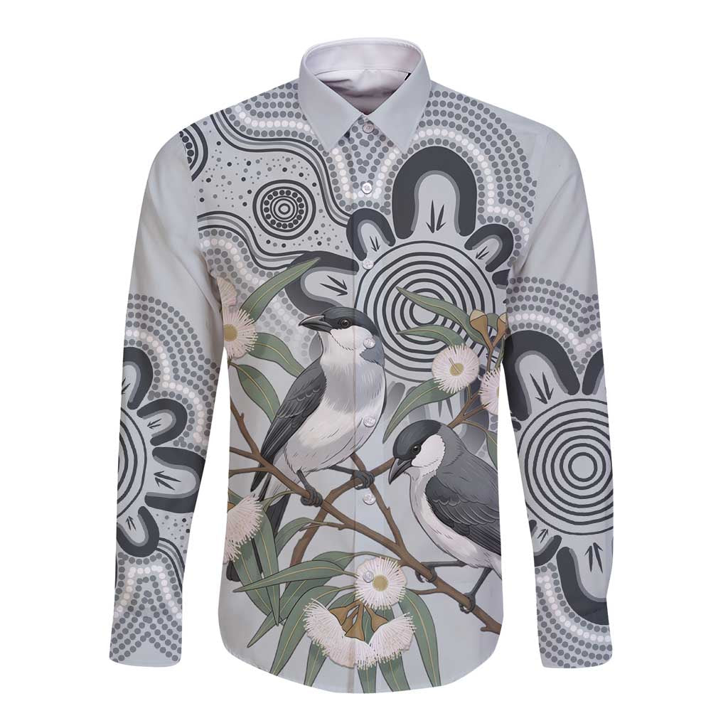 Australia Grey Butcherbird Long Sleeve Button Shirt Eucalyptus Alba Indigenous Art - Aussie Hoodie