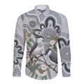 Australia Grey Butcherbird Long Sleeve Button Shirt Eucalyptus Alba Indigenous Art - Aussie Hoodie
