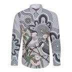 Australia Grey Butcherbird Long Sleeve Button Shirt Eucalyptus Alba Indigenous Art - Aussie Hoodie