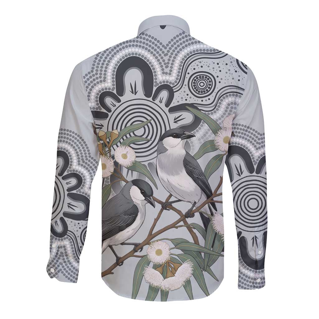 Australia Grey Butcherbird Long Sleeve Button Shirt Eucalyptus Alba Indigenous Art - Aussie Hoodie