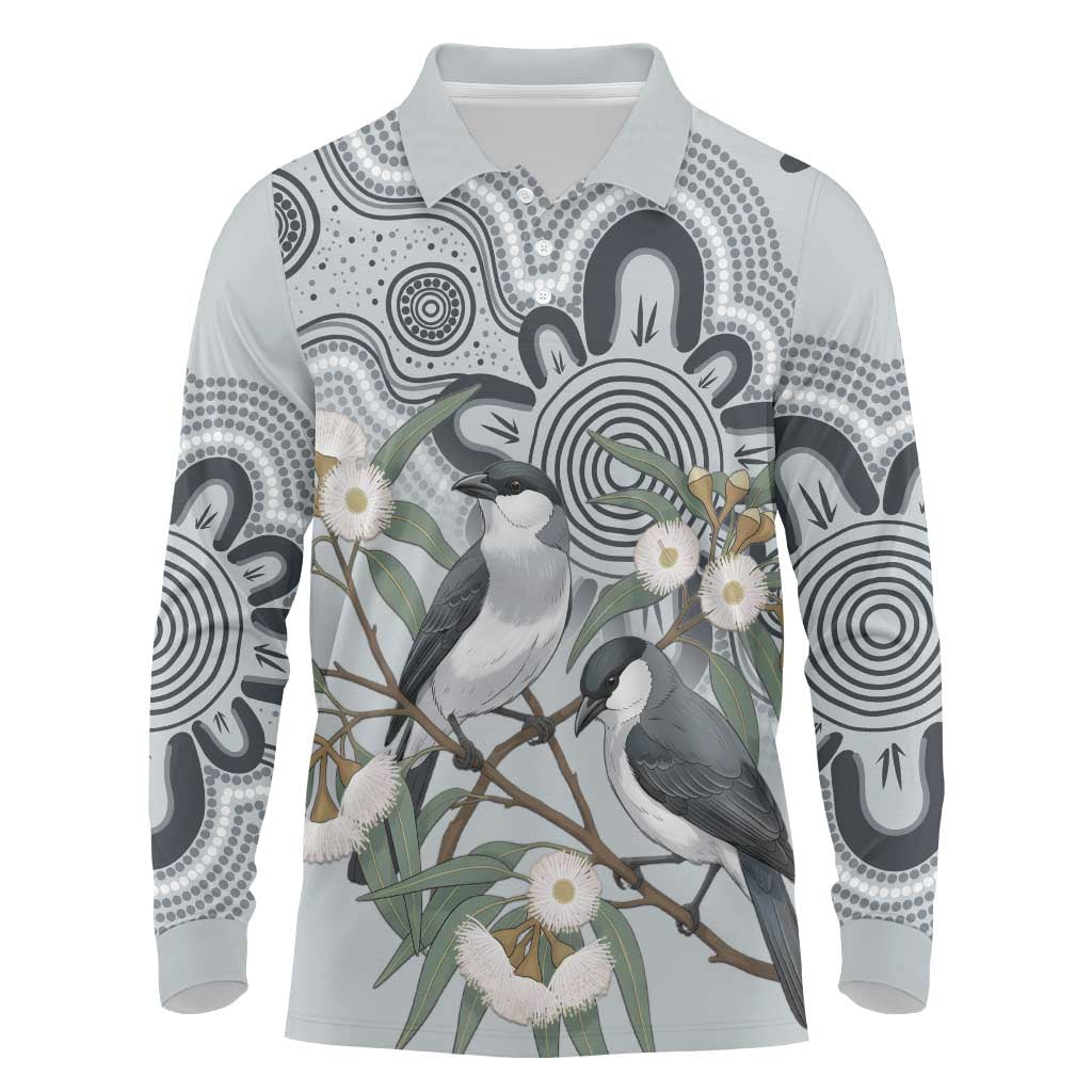 Australia Grey Butcherbird Long Sleeve Polo Shirt Eucalyptus Alba Indigenous Art - Aussie Hoodie