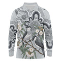 Australia Grey Butcherbird Long Sleeve Polo Shirt Eucalyptus Alba Indigenous Art - Aussie Hoodie