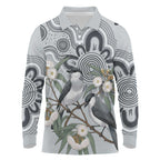 Australia Grey Butcherbird Long Sleeve Polo Shirt Eucalyptus Alba Indigenous Art - Aussie Hoodie