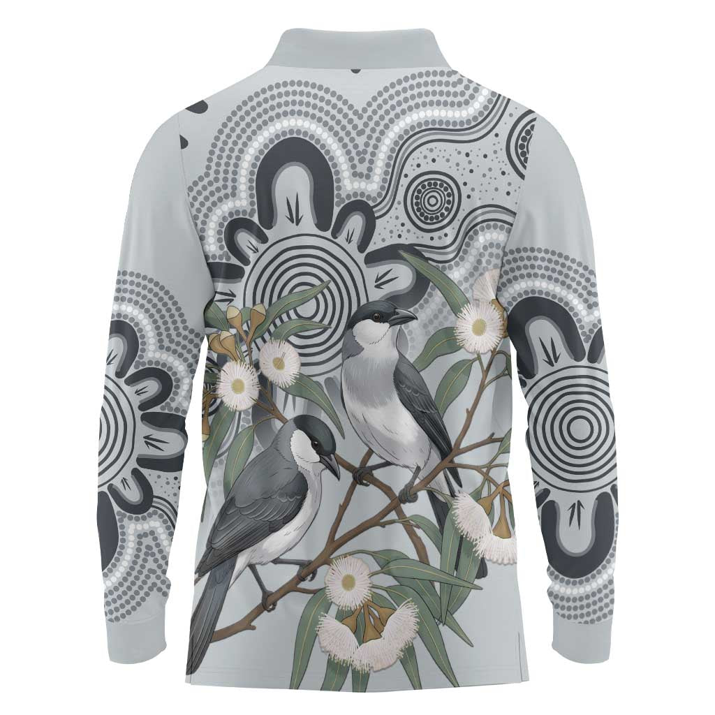 Australia Grey Butcherbird Long Sleeve Polo Shirt Eucalyptus Alba Indigenous Art - Aussie Hoodie