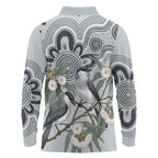 Australia Grey Butcherbird Long Sleeve Polo Shirt Eucalyptus Alba Indigenous Art - Aussie Hoodie