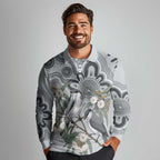Australia Grey Butcherbird Long Sleeve Polo Shirt Eucalyptus Alba Indigenous Art - Aussie Hoodie