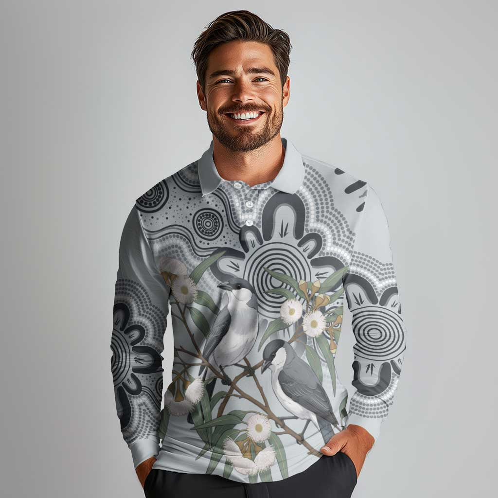 Australia Grey Butcherbird Long Sleeve Polo Shirt Eucalyptus Alba Indigenous Art - Aussie Hoodie