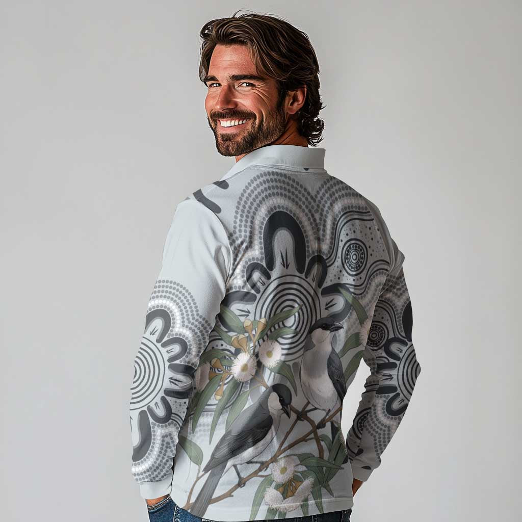Australia Grey Butcherbird Long Sleeve Polo Shirt Eucalyptus Alba Indigenous Art - Aussie Hoodie