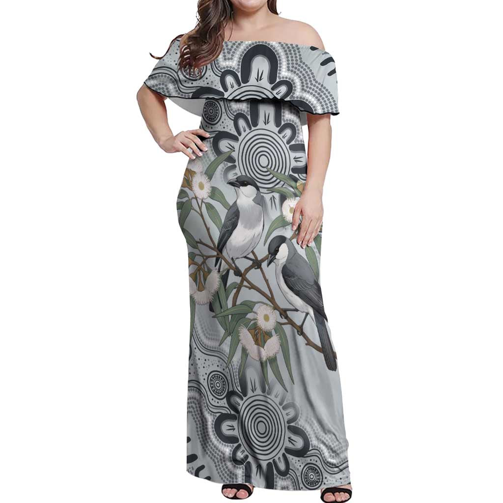 Australia Grey Butcherbird Off Shoulder Maxi Dress Eucalyptus Alba Indigenous Art - Aussie Hoodie