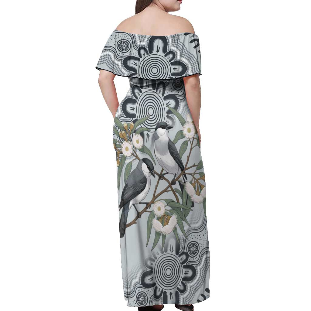 Australia Grey Butcherbird Off Shoulder Maxi Dress Eucalyptus Alba Indigenous Art - Aussie Hoodie