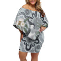 Australia Grey Butcherbird Off Shoulder Short Dress Eucalyptus Alba Indigenous Art - Aussie Hoodie