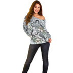 Australia Grey Butcherbird Off Shoulder Sweater Eucalyptus Alba Indigenous Art - Aussie Hoodie