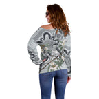 Australia Grey Butcherbird Off Shoulder Sweater Eucalyptus Alba Indigenous Art - Aussie Hoodie