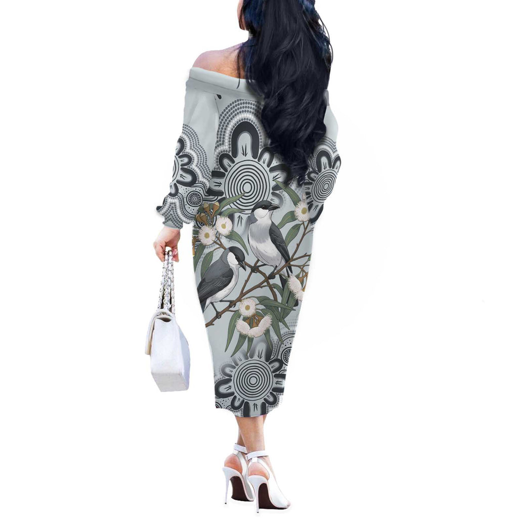 Australia Grey Butcherbird Off The Shoulder Long Sleeve Dress Eucalyptus Alba Indigenous Art - Aussie Hoodie