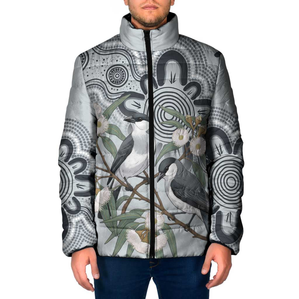 Australia Grey Butcherbird Padded Jacket Eucalyptus Alba Indigenous Art - Aussie Hoodie