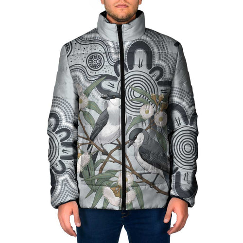 Australia Grey Butcherbird Padded Jacket Eucalyptus Alba Indigenous Art - Aussie Hoodie