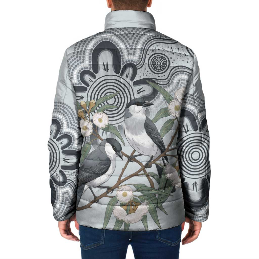 Australia Grey Butcherbird Padded Jacket Eucalyptus Alba Indigenous Art - Aussie Hoodie