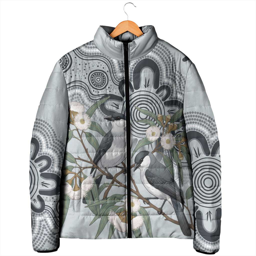 Australia Grey Butcherbird Padded Jacket Eucalyptus Alba Indigenous Art - Aussie Hoodie