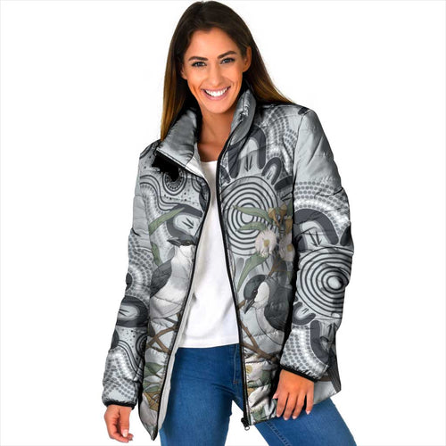 Australia Grey Butcherbird Padded Jacket Eucalyptus Alba Indigenous Art - Aussie Hoodie
