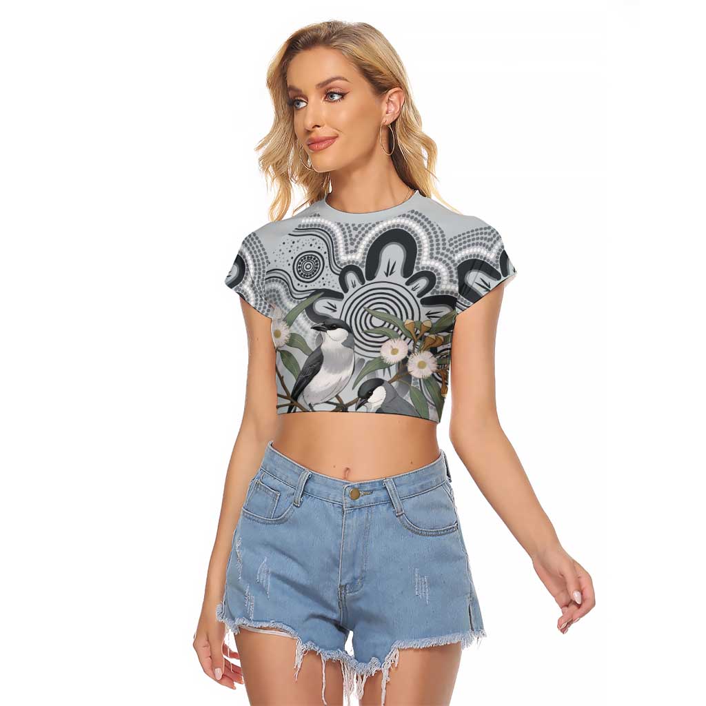 Australia Grey Butcherbird Raglan Cropped T Shirt Eucalyptus Alba Indigenous Art - Aussie Hoodie