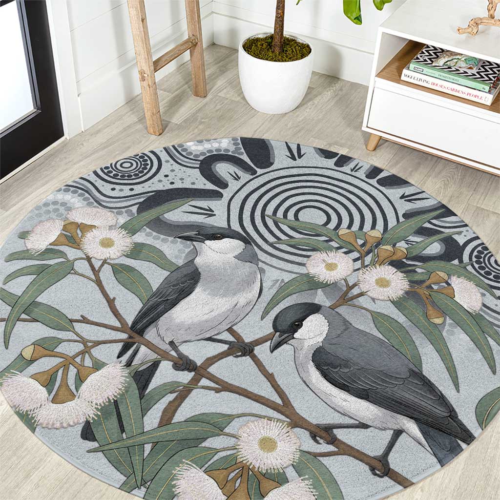 Australia Grey Butcherbird Round Carpet Eucalyptus Alba Indigenous Art - Aussie Hoodie