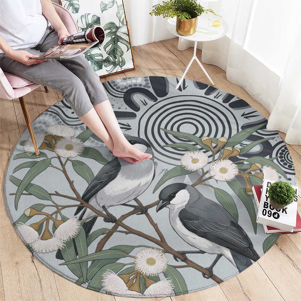 Australia Grey Butcherbird Round Carpet Eucalyptus Alba Indigenous Art - Aussie Hoodie