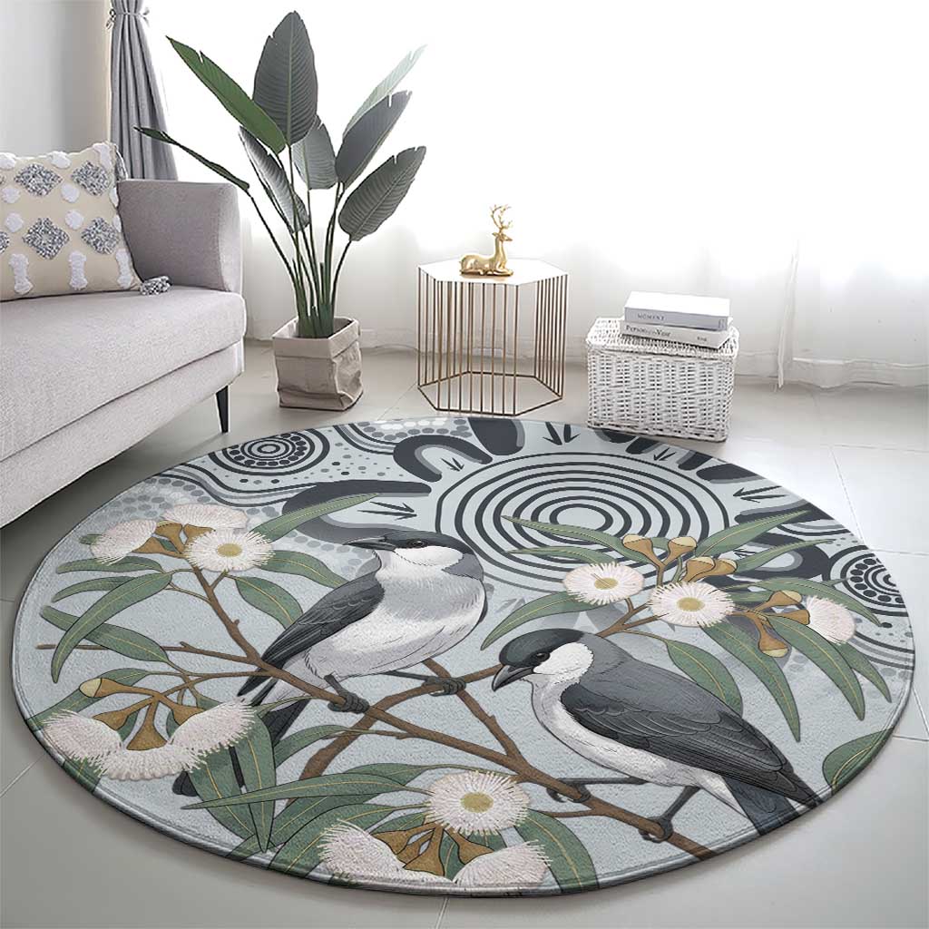Australia Grey Butcherbird Round Carpet Eucalyptus Alba Indigenous Art - Aussie Hoodie