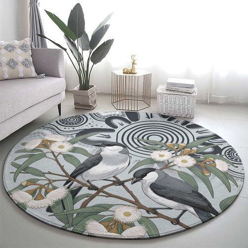 Australia Grey Butcherbird Round Carpet Eucalyptus Alba Indigenous Art - Aussie Hoodie