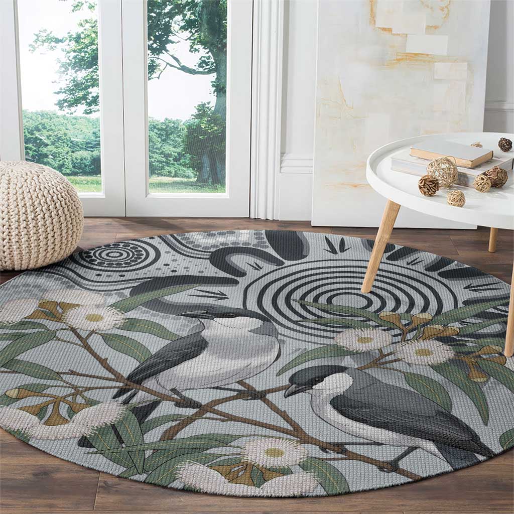 Australia Grey Butcherbird Round Carpet Eucalyptus Alba Indigenous Art - Aussie Hoodie