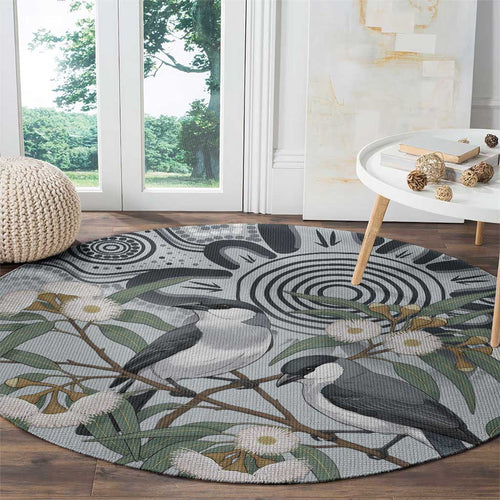 Australia Grey Butcherbird Round Carpet Eucalyptus Alba Indigenous Art - Aussie Hoodie