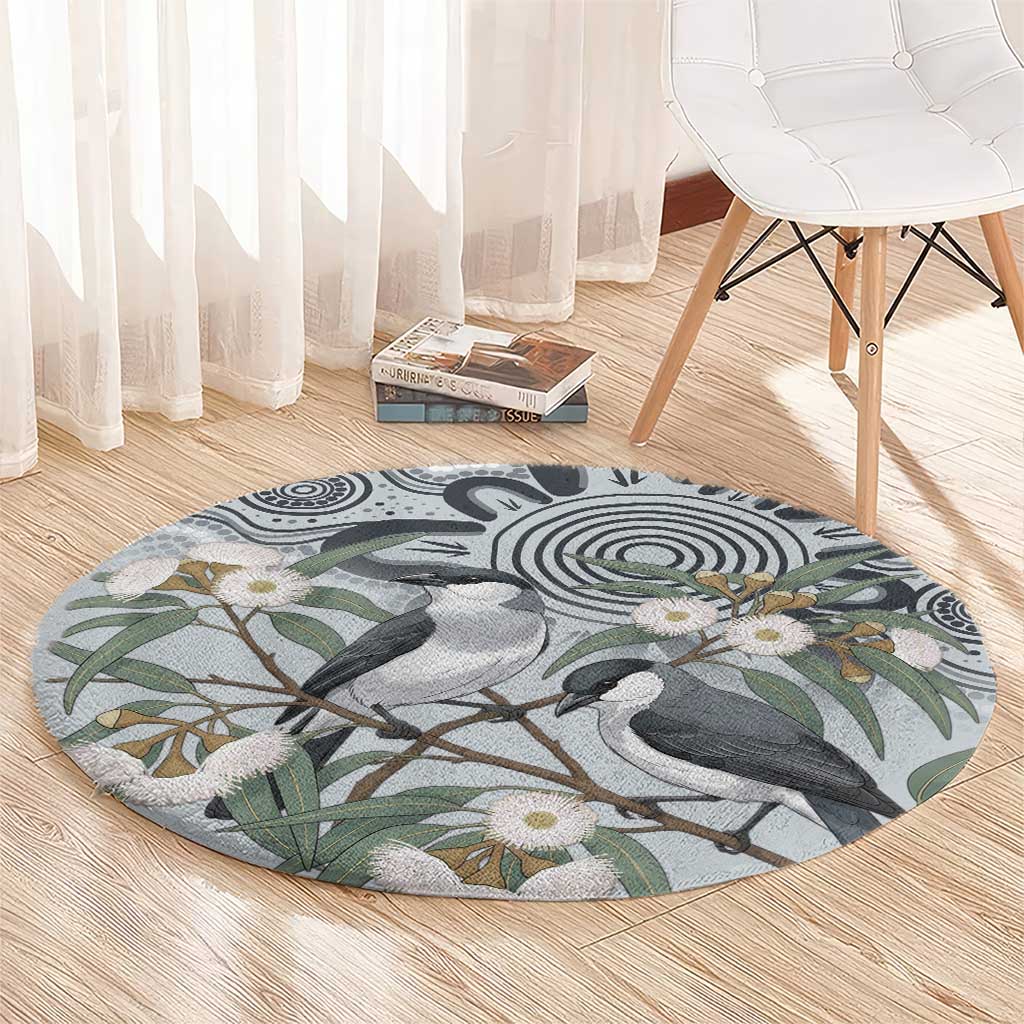 Australia Grey Butcherbird Round Carpet Eucalyptus Alba Indigenous Art - Aussie Hoodie